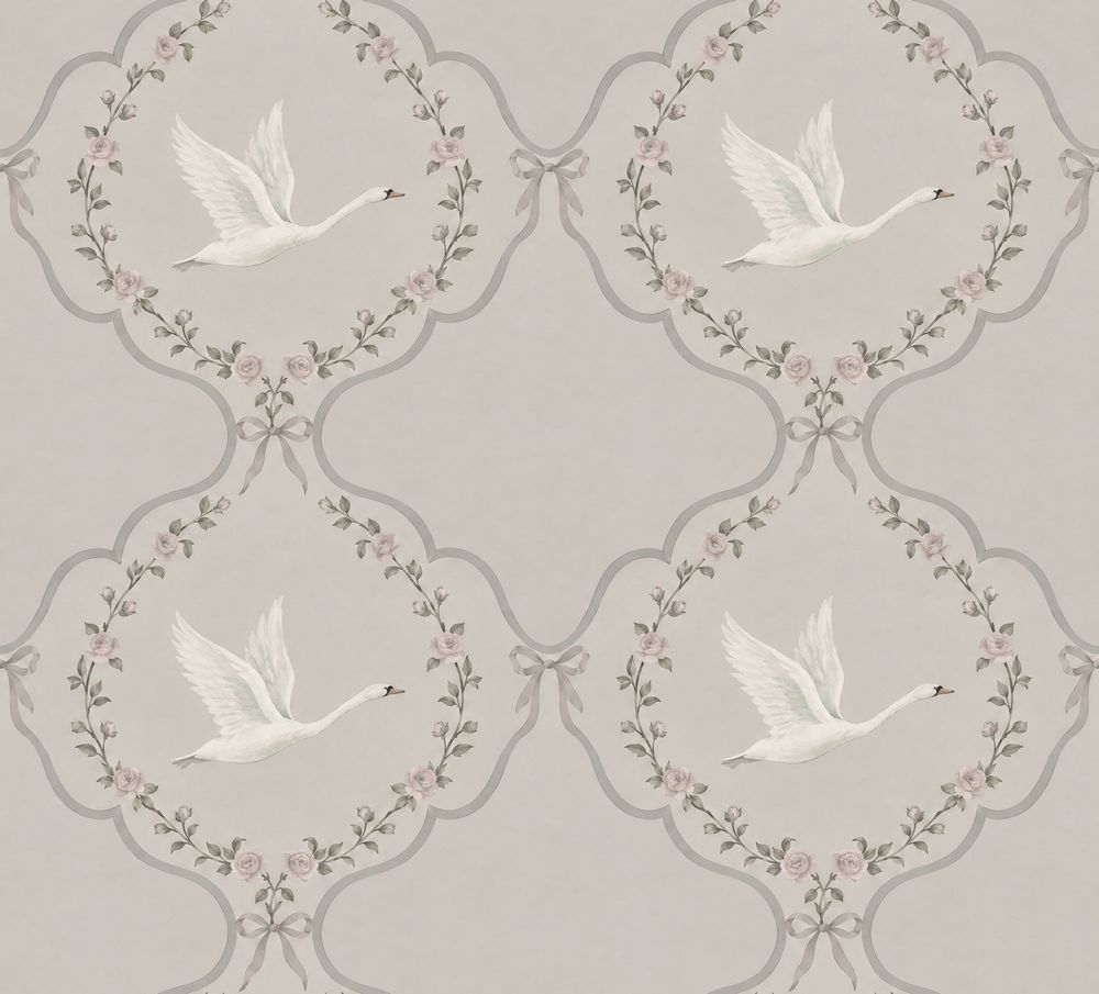 White Swans And Rose Medallions Wallpaper Muted Green pattern artwork