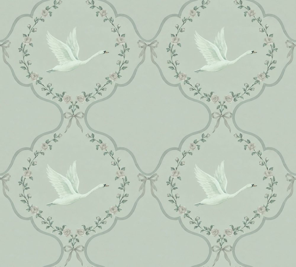 White Swan And Rose Medallion Wallpaper Muted Green pattern artwork