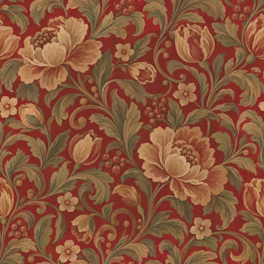 Cream Botanical Flowers Wallpaper Scrolling Vines On Burgundy pattern artwork