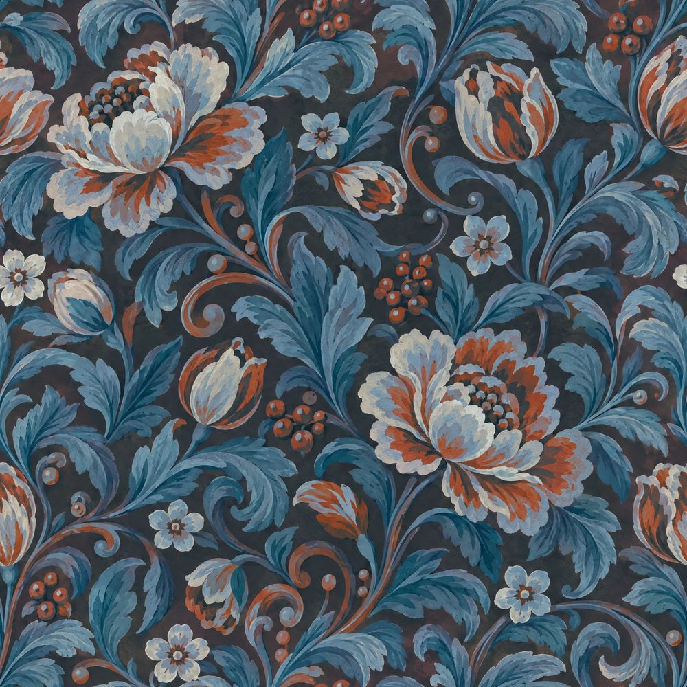 Large Vintage Flowers Wallpaper Dark Floral Teal Navy pattern artwork