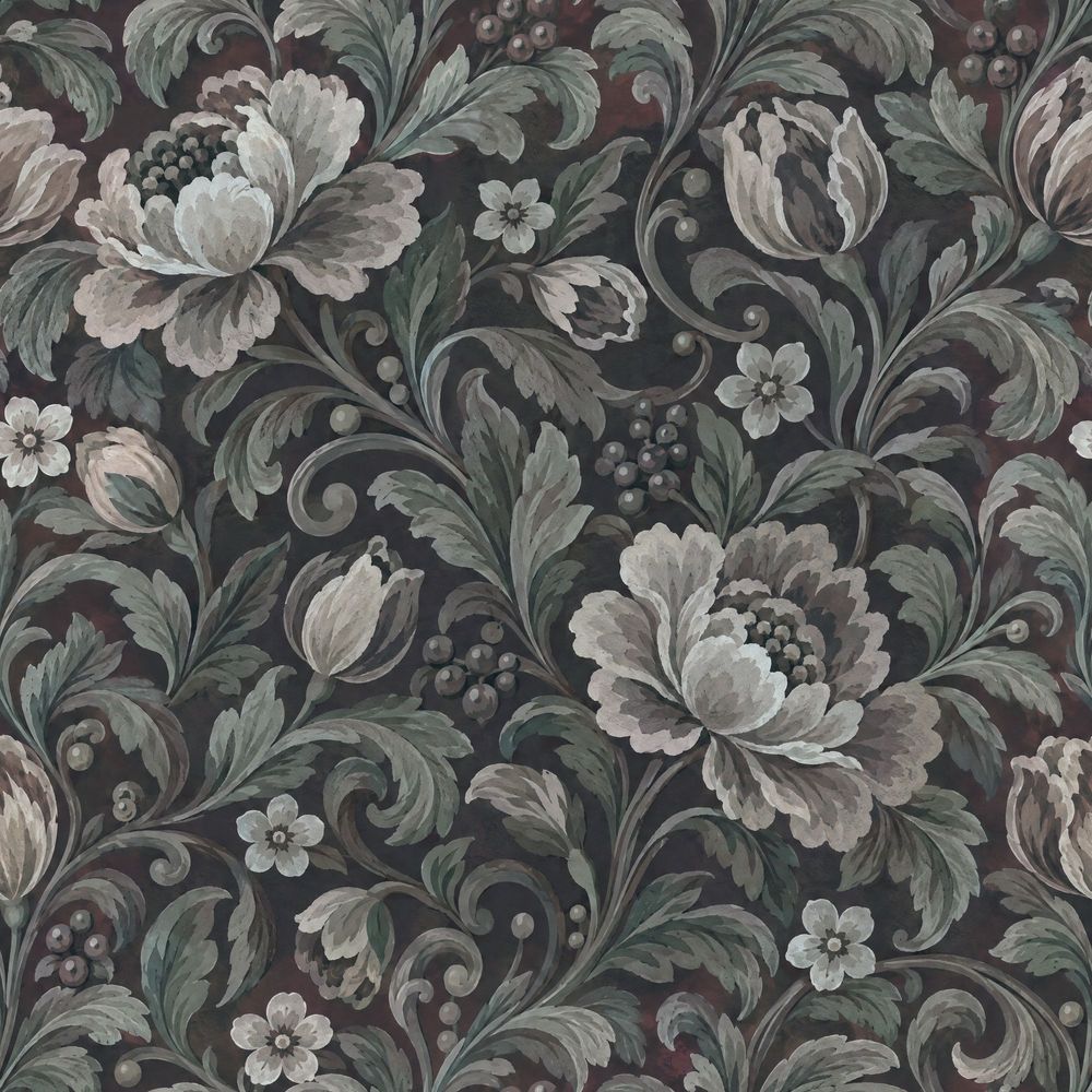 Large Vintage Blossoms Wallpaper Dark Floral Botanical Vines pattern artwork