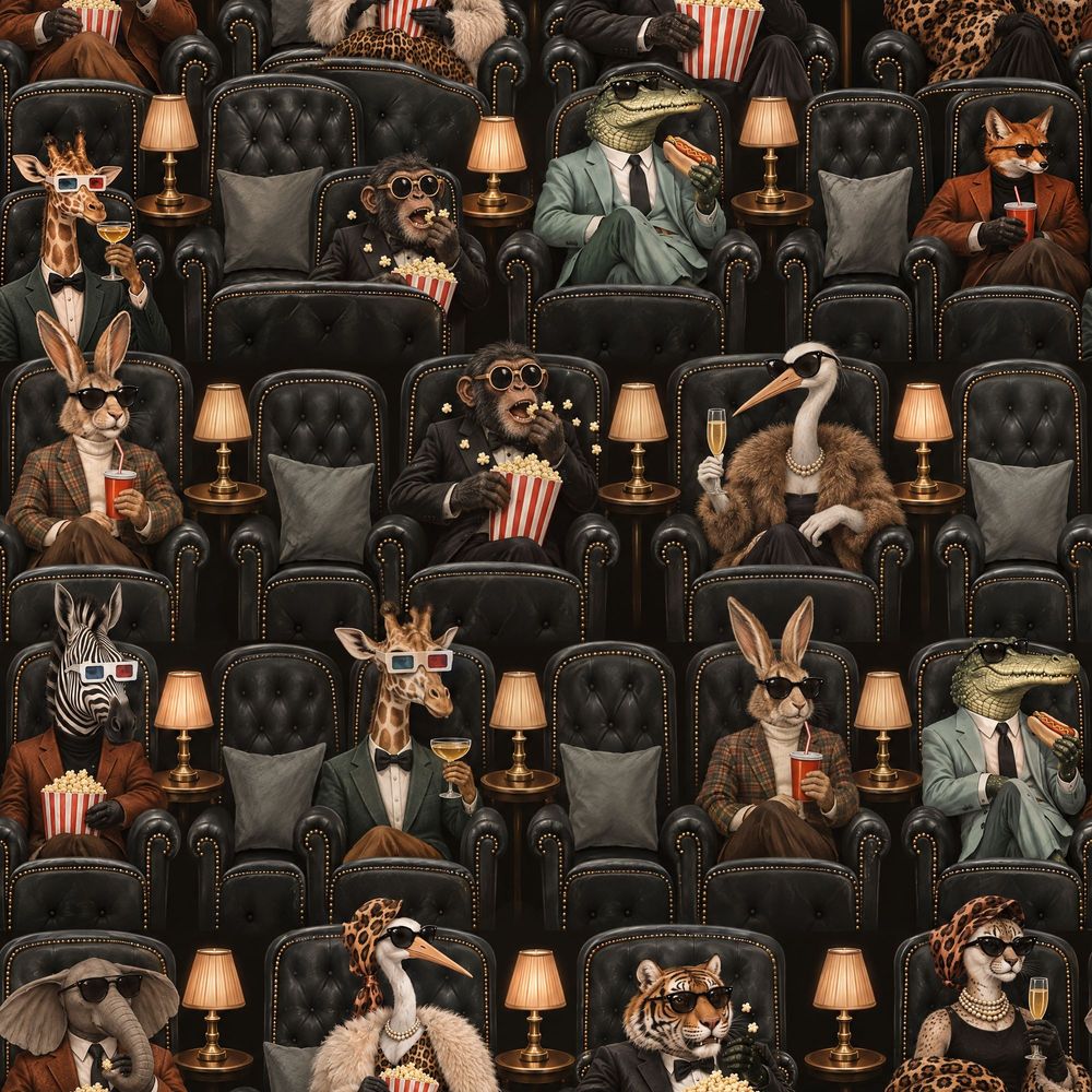 Anthropomorphic Animals Cinema Wallpaper Dark Vintage Glam pattern artwork