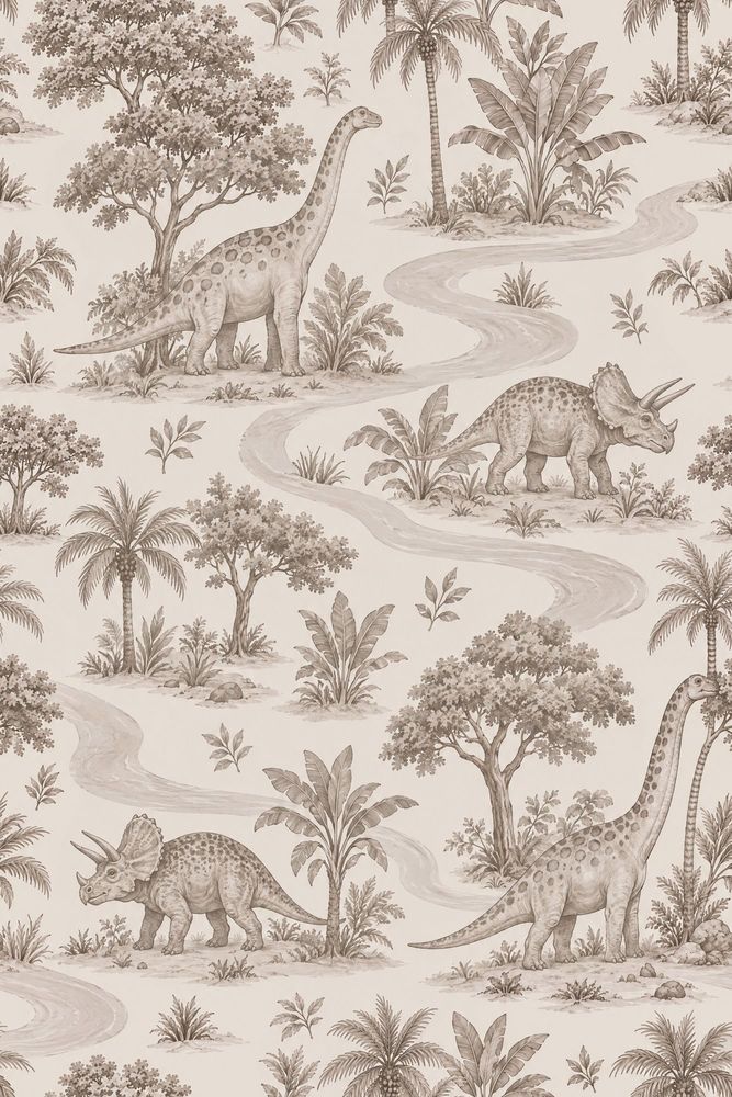 Vintage Dinosaurs Wallpaper Sepia Tropical Toile pattern artwork