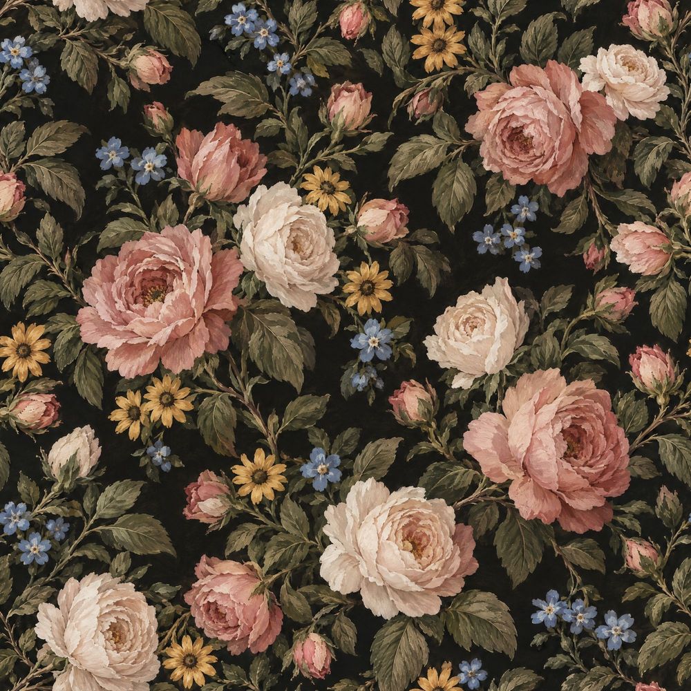 Pink And Cream Roses Wallpaper Dark Floral Black Background pattern artwork