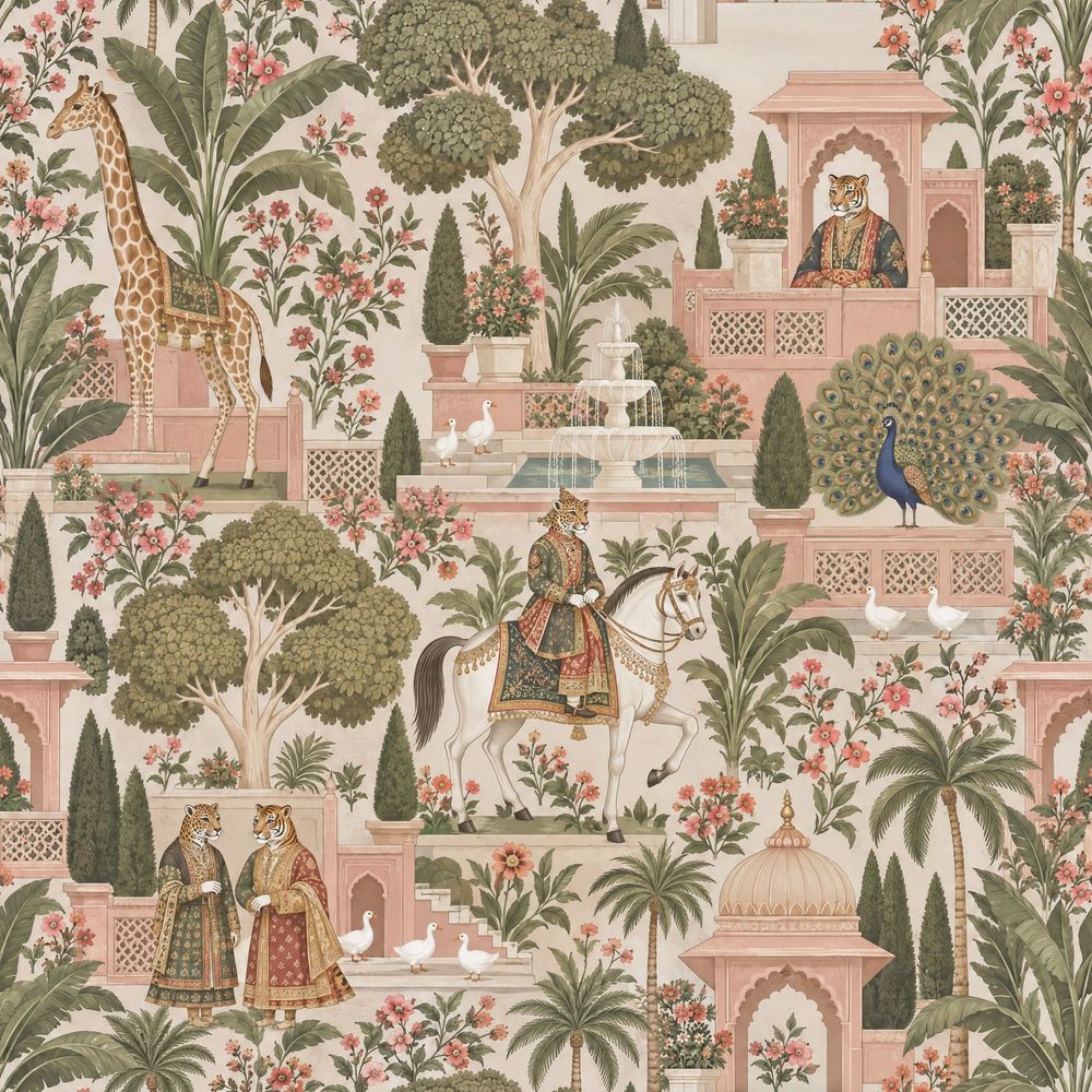 Exotic Palace Garden Animals Wallpaper Pink Sage Chinoiserie pattern artwork