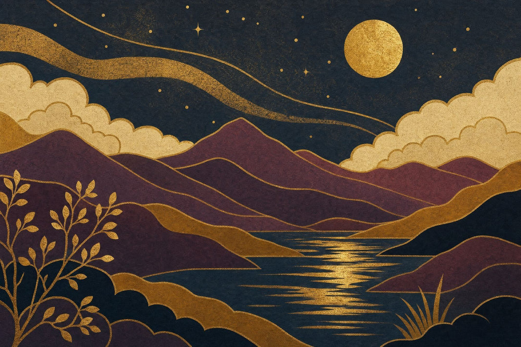 Golden Full Moon Scenic Landscape Wallpaper Mural Art Deco Navy pattern artwork
