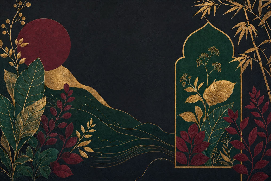 Gold Botanical Bamboo Wallpaper Mural Black Background With Burgundy Moon pattern artwork