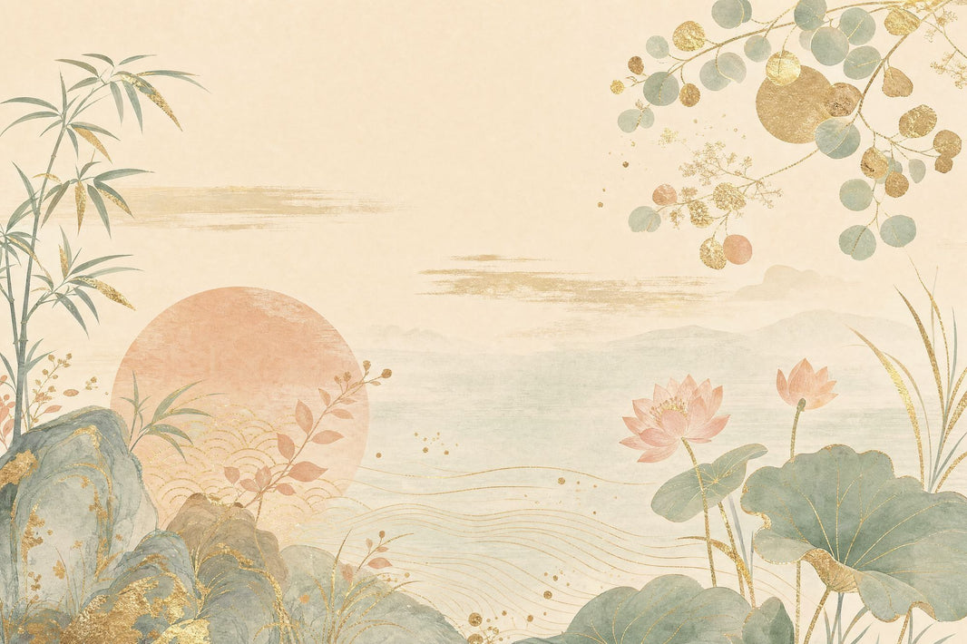 Lotus And Bamboo Wallpaper Mural Cream Chinoiserie Watercolor Landscape pattern artwork