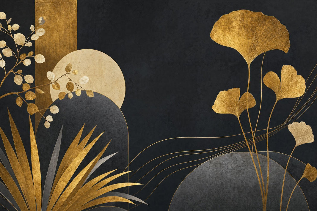 Gold Ginkgo Leaves Wallpaper Mural Art Deco Black Background pattern artwork