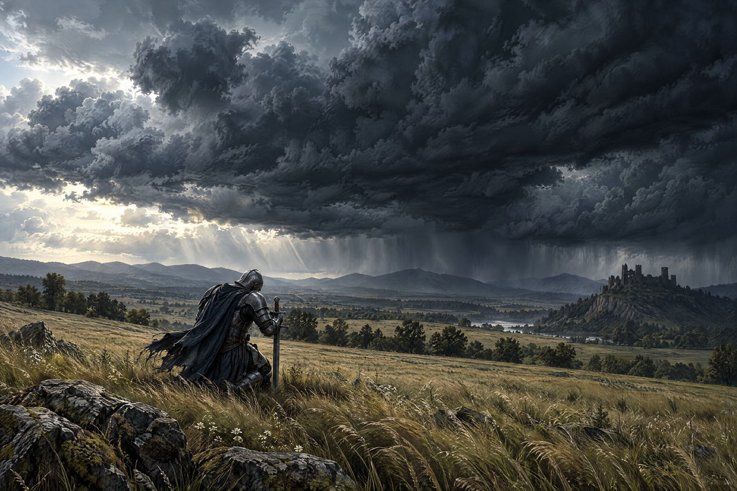 Kneeling Medieval Knight Wallpaper Mural, Dark Storm Cloud Fantasy Landscape pattern artwork