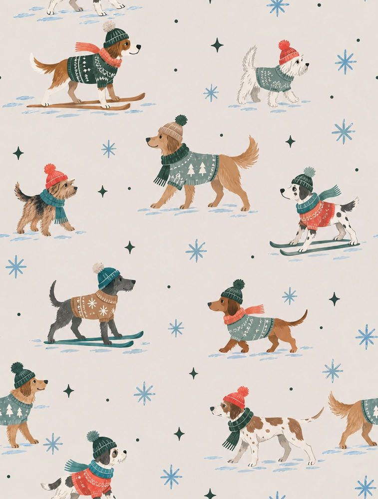 Skiing Dogs Wallpaper Snowflake Pattern On Ivory Background pattern artwork