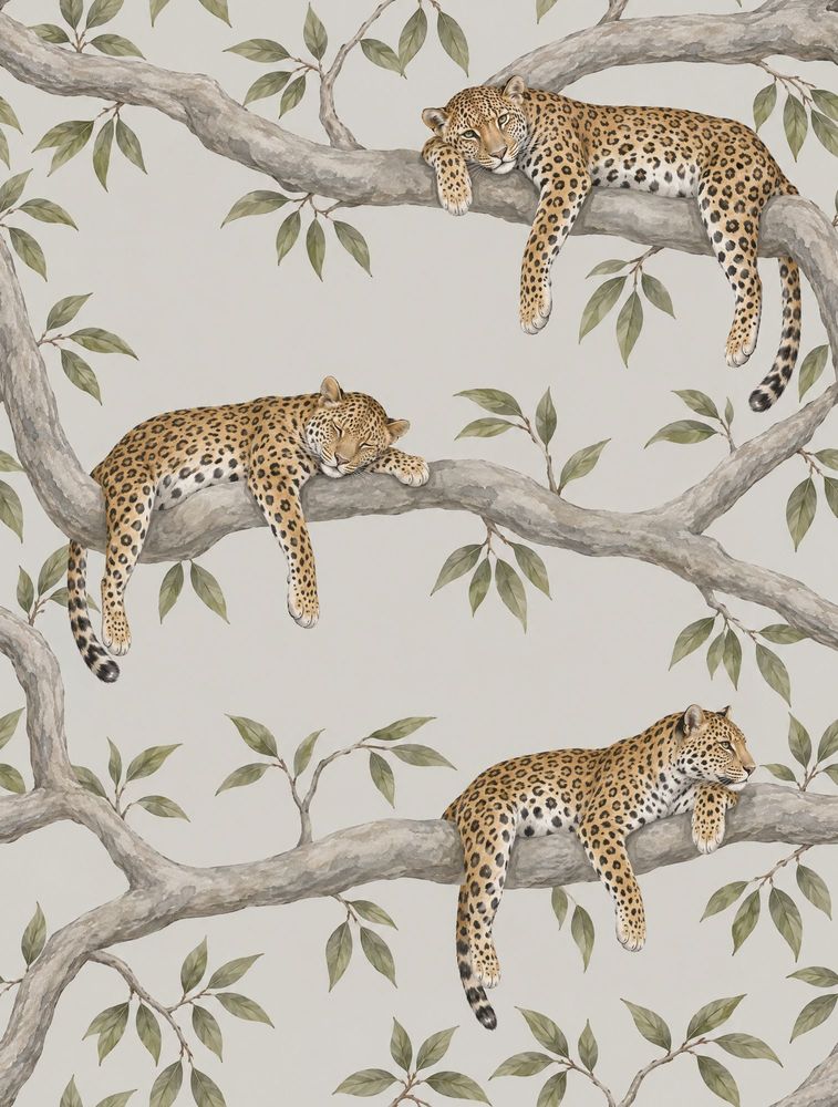 Leopards On Tree Branches Wallpaper Neutral Safari Botanical pattern artwork