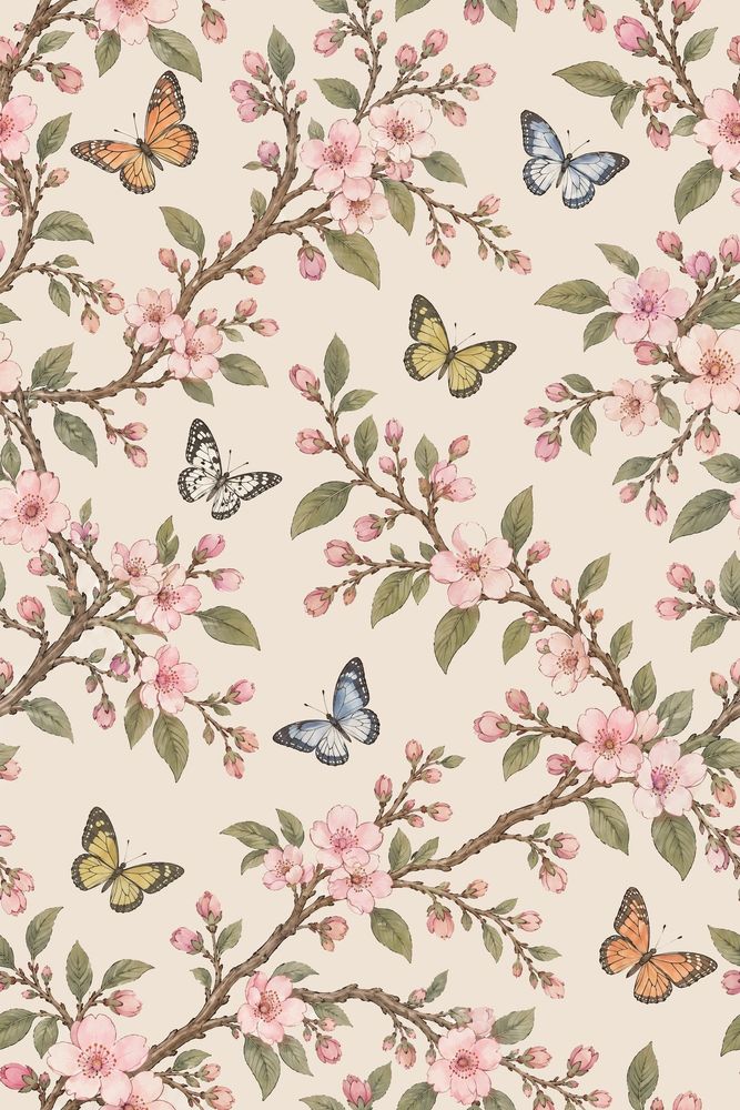 Cherry Blossom Branches Wallpaper Butterflies On Beige pattern artwork