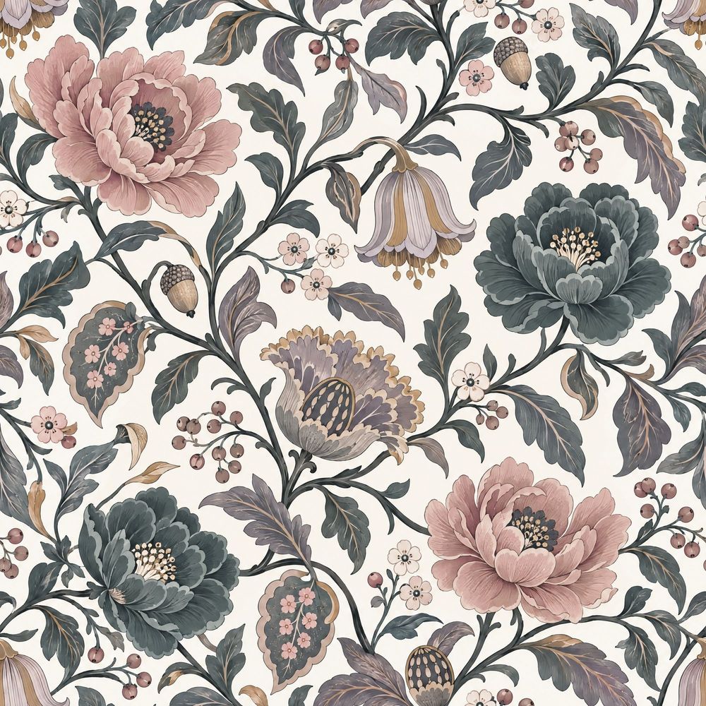 Peony And Berry Vines Wallpaper Cream Pink Teal pattern artwork