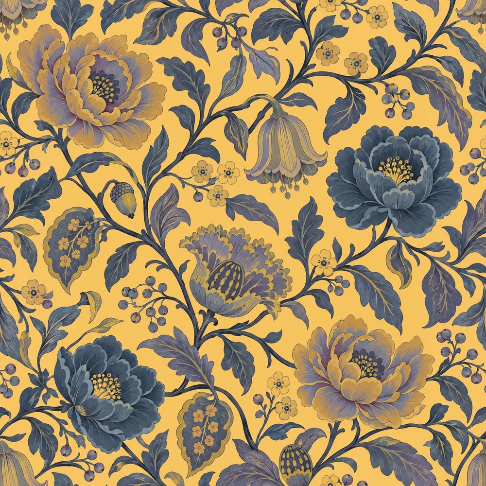 Stylized Garden Flowers Wallpaper Yellow Background pattern artwork