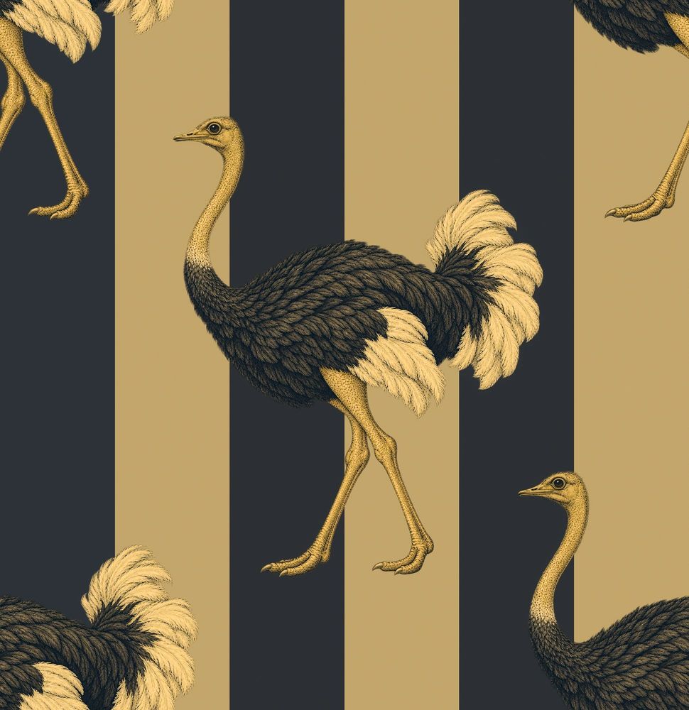 Ostrich Illustration Wallpaper Dark Striped Gold Black pattern artwork