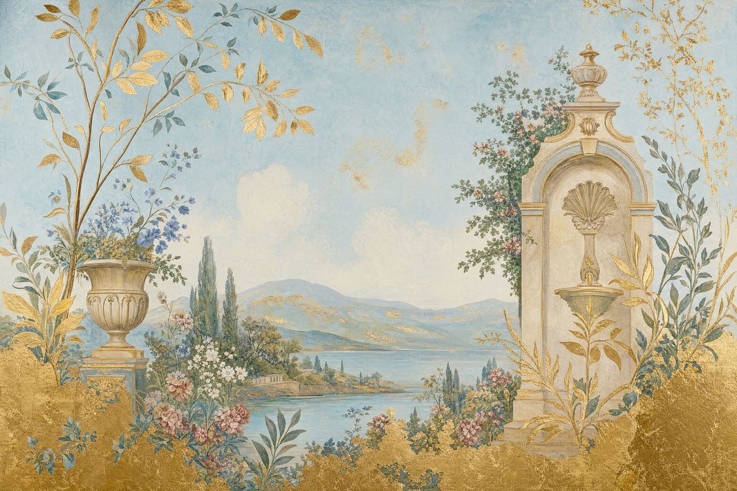 Classical Stone Fountain Niche Wallpaper Mural Blue Fresco Landscape pattern artwork
