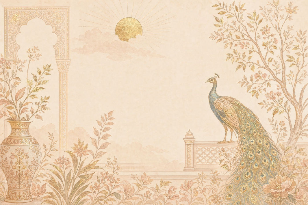 Peacock And Ornate Vase Wallpaper Mural Light Beige Chinoiserie pattern artwork