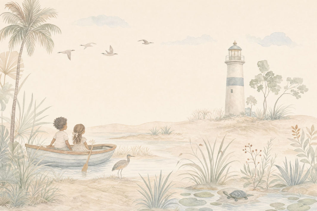 Watercolor Lighthouse Coast Wallpaper Mural Soft Pastel Children In Boat pattern artwork