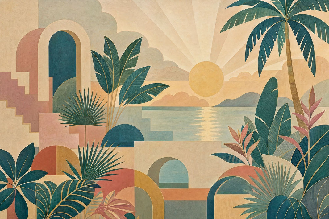 Tropical Sunset Archways Wallpaper Mural: Teal And Terracotta Retro pattern artwork