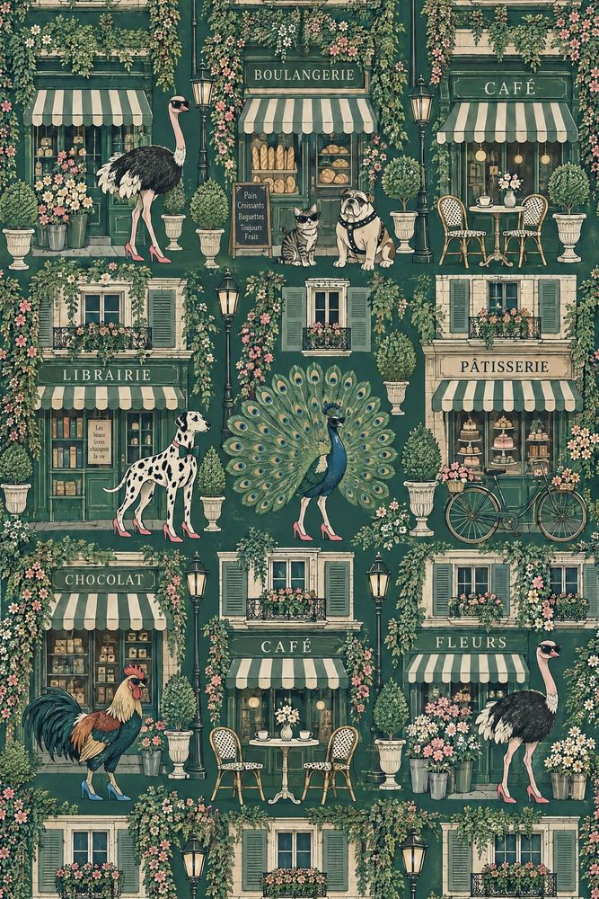 Whimsical Parisian Shops Wallpaper Dark Green Floral Vines pattern artwork