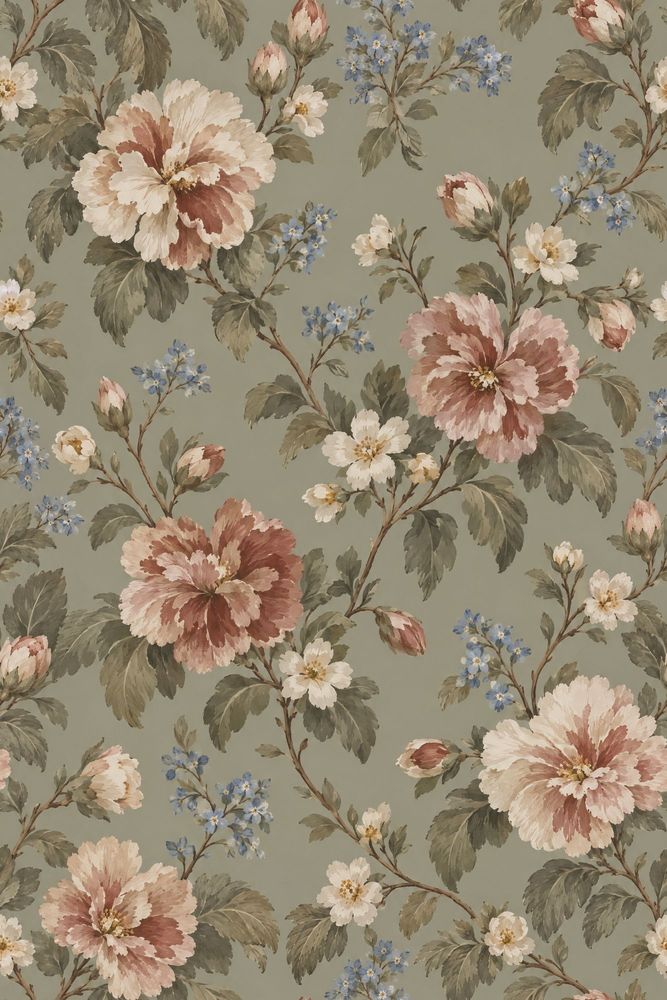 Pink And Cream Roses Wallpaper In Sage Green Vintage Inspired Botanical Pattern pattern artwork