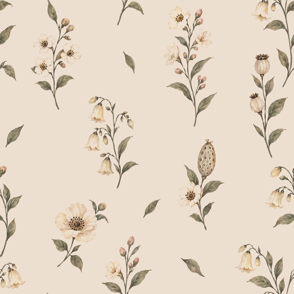 Cream Wildflower Branches Wallpaper On Beige Background pattern artwork