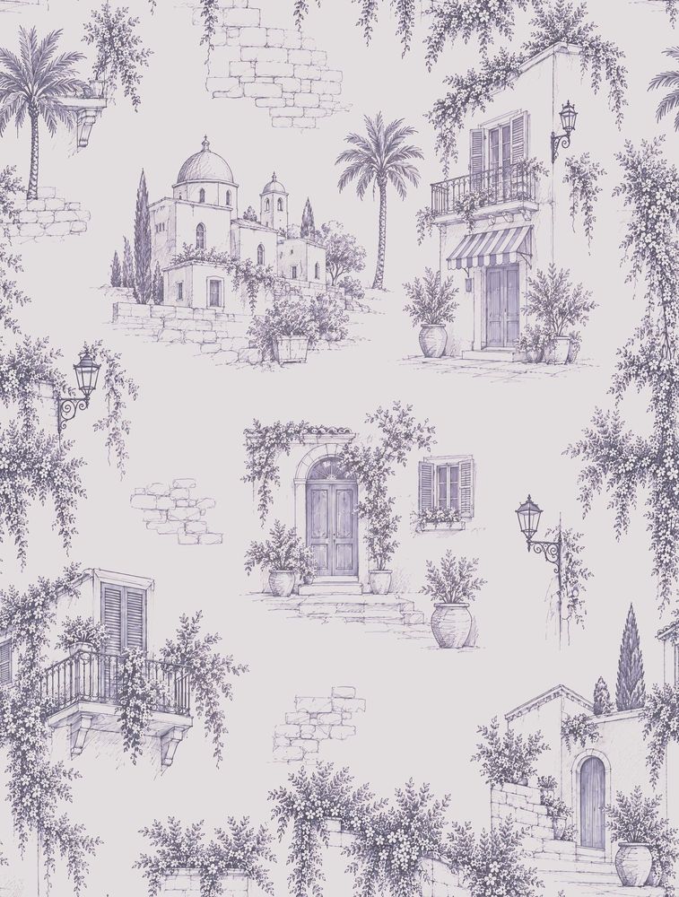 Mediterranean Town Sketch Wallpaper Lavender Gray Toile pattern artwork