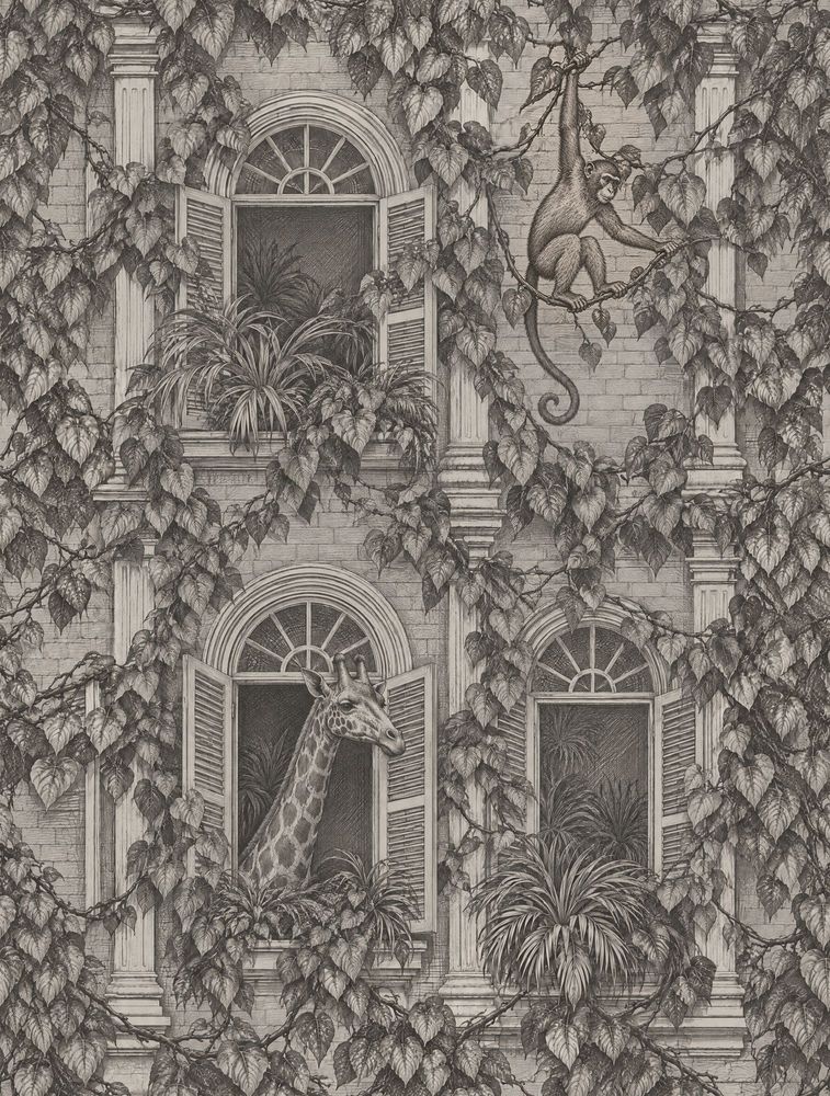 Giraffe And Monkey Wallpaper Vintage Inspired Toile Gray Botanical pattern artwork
