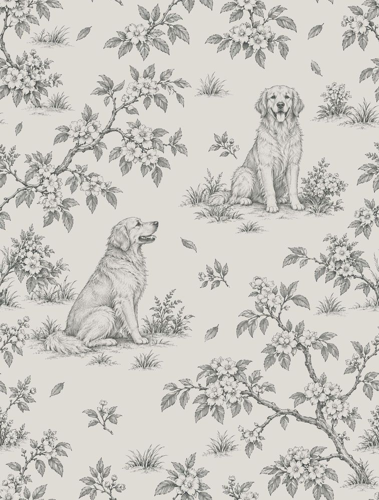 Vintage Inspired Dogs And Floral Toile Wallpaper Light Beige pattern artwork