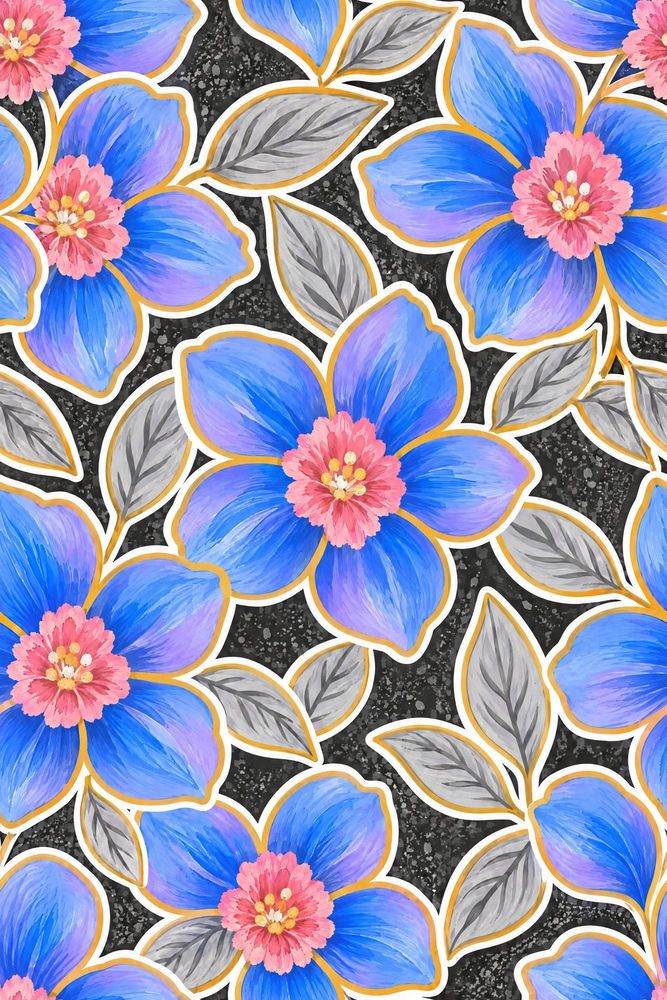 Blue Watercolor Flowers Wallpaper Dark Floral On Black pattern artwork
