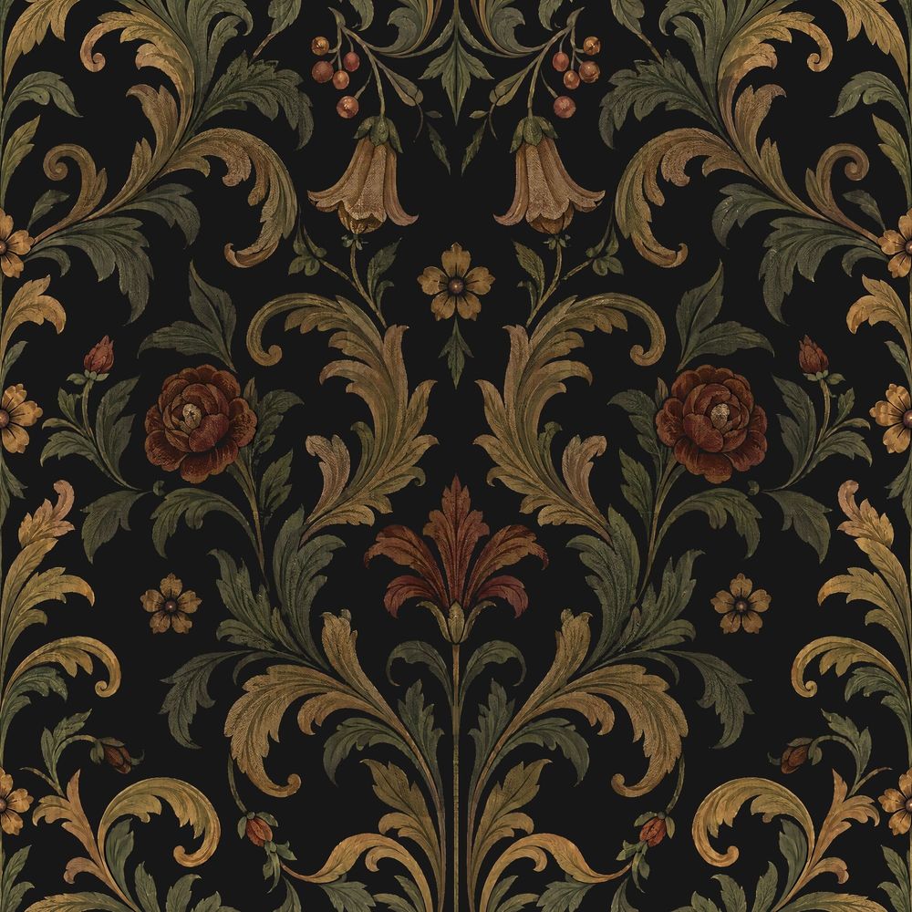 Acanthus Damask Wallpaper Dark Floral In Antique Gold And Olive pattern artwork