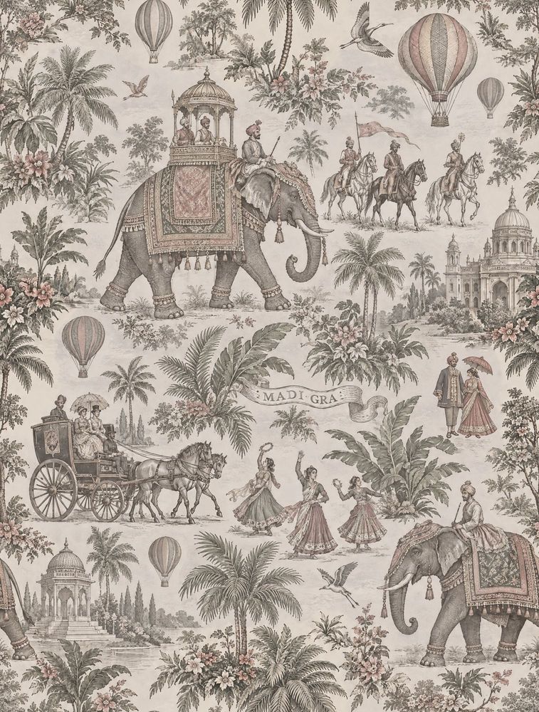 Elephant Palace Scene Wallpaper Vintage Inspired Indian Toile pattern artwork