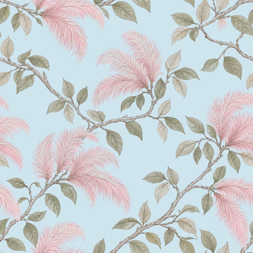 Pink Plume Blossoms Wallpaper Muted Green Leaves On Pastel Blue pattern artwork