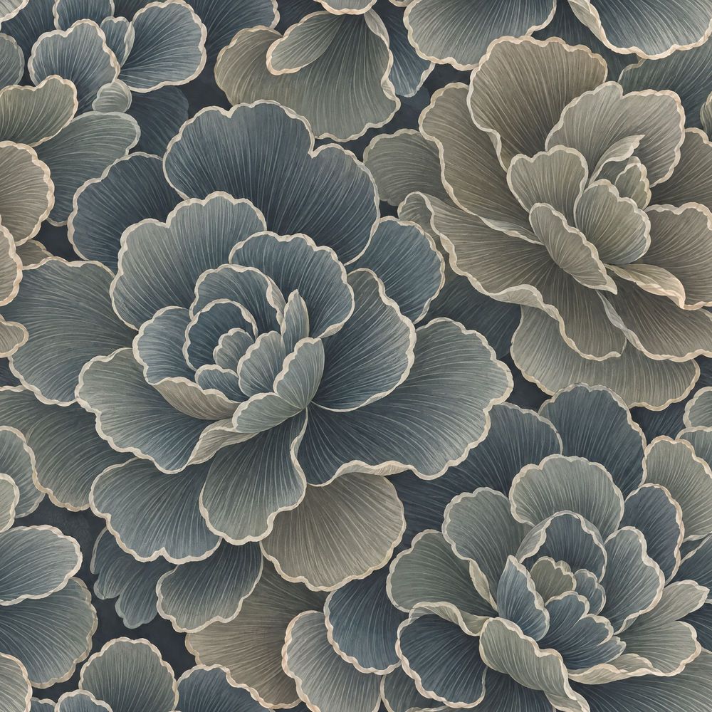 Layered Dark Floral Wallpaper In Teal And Navy With Cream Outlines pattern artwork