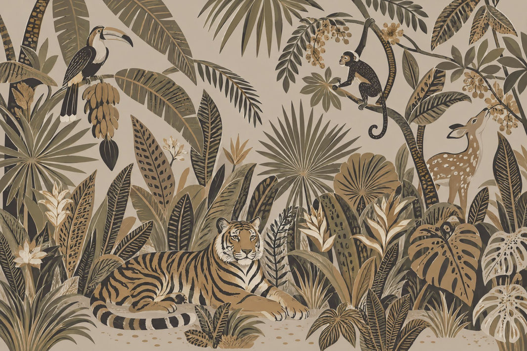 Tiger And Toucan Jungle Wallpaper Mural Beige Vintage Inspired Botanical pattern artwork