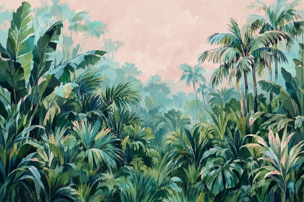 Tropical Jungle Wallpaper Mural Green Foliage With Pastel Pink Sky pattern artwork