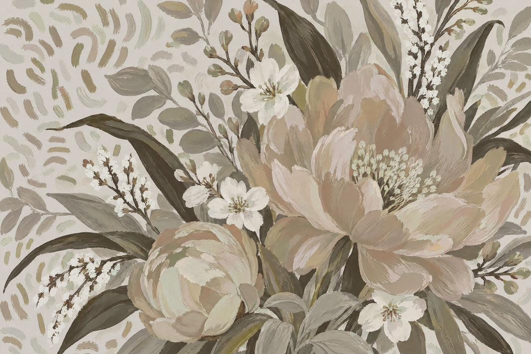 Pastel Garden Flowers Wallpaper Mural Beige Watercolor Botanicals pattern artwork