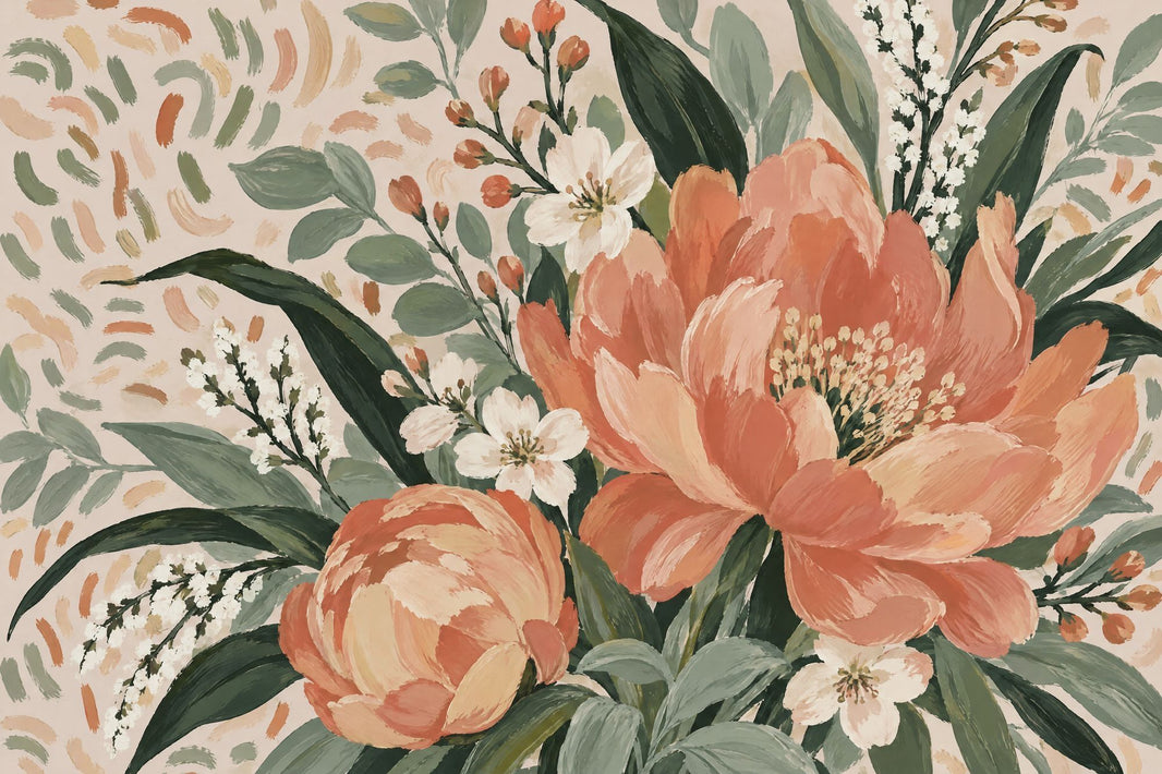 Coral Pink Painted Flowers Wallpaper Mural Muted Green Leaves pattern artwork