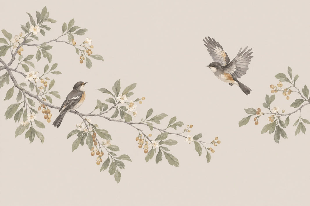 Watercolor Birds And Blossom Branches Wallpaper Mural In Sage Green pattern artwork