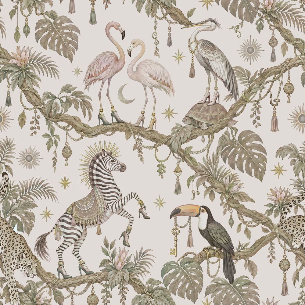 Whimsical Jungle Animals Wallpaper Light Beige Botanical pattern artwork
