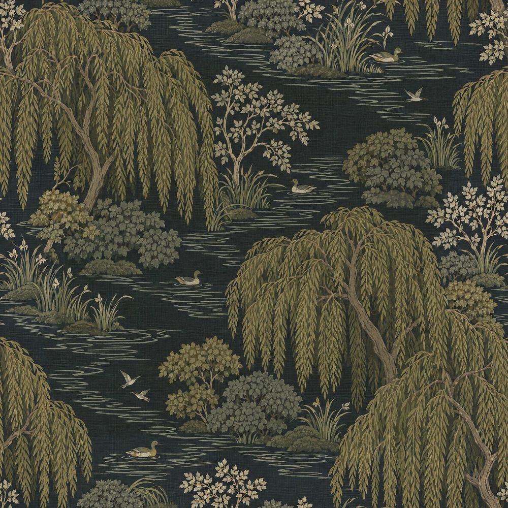 Willow Trees Wallpaper Dark Chinoiserie Pond With Ducks pattern artwork
