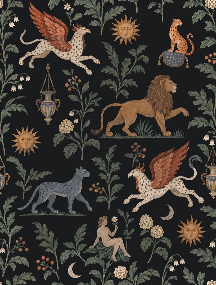 Griffin And Lion Wallpaper Vintage Inspired Botanical On Black Background pattern artwork