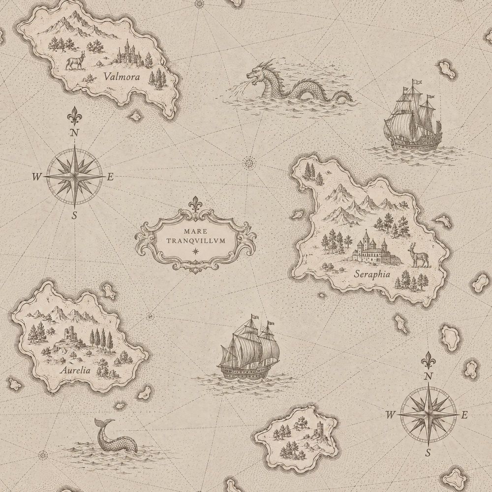 Fantasy Antique Map Wallpaper Parchment Sepia Compass Roses pattern artwork