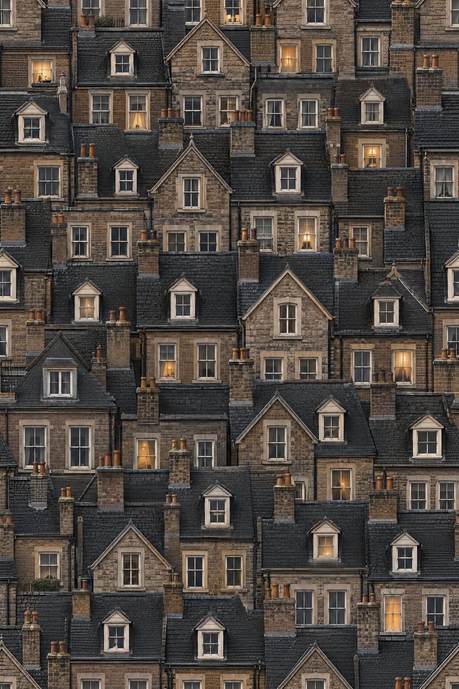 European Rooftops Wallpaper Dark Cityscape In Stone Gray pattern artwork