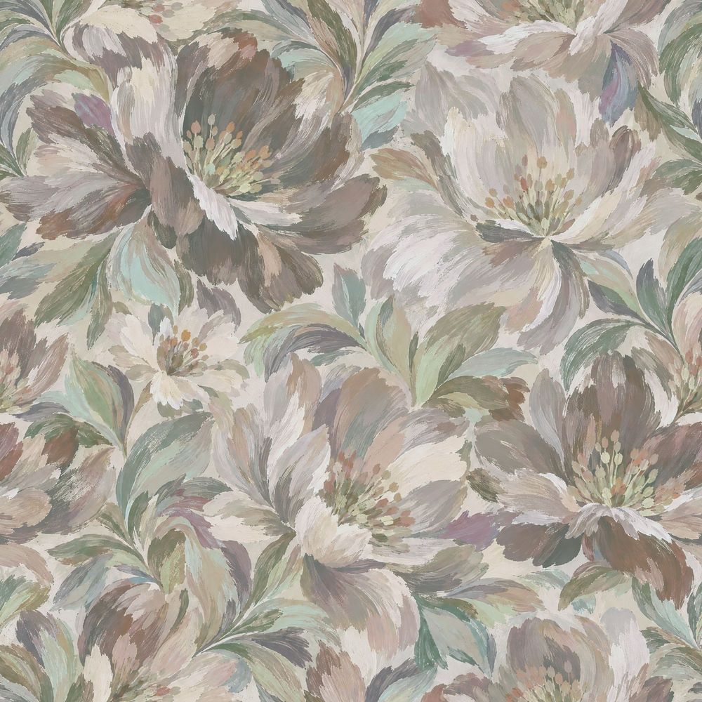 Painted Botanical Flowers Wallpaper In Muted Beige With Sage Green Leaves pattern artwork