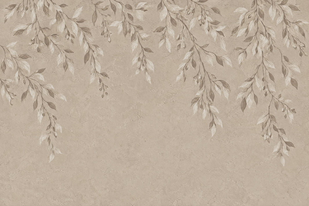Hanging Leafy Vines Wallpaper Mural In Beige Plaster Texture pattern artwork