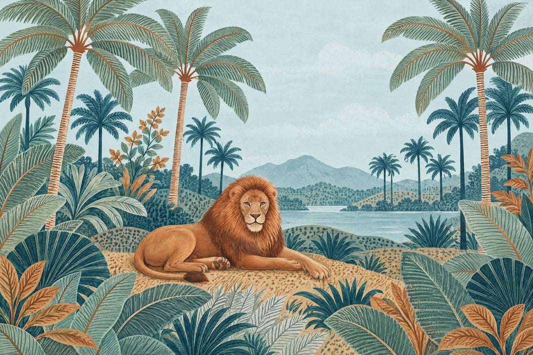 Resting Lion Wallpaper Mural, Tropical Watercolor Jungle Landscape pattern artwork
