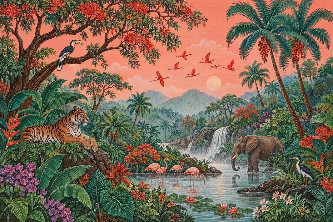 Tropical Jungle Wildlife Wallpaper Mural Coral Sunset Vintage Inspired Illustration pattern artwork