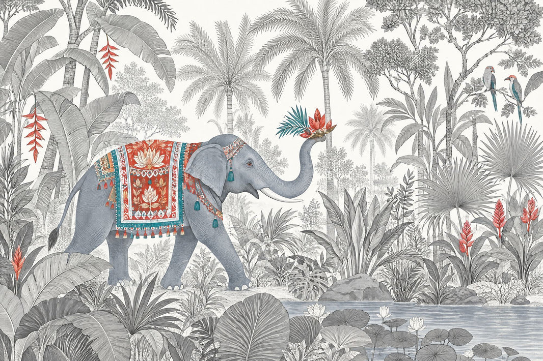 Decorated Elephant Wallpaper Mural, Vintage Inspired Tropical Jungle In Gray Red Teal pattern artwork